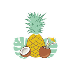 Tropical cocktail. pineapple-coconut smoothie with straw and umbrella.Tropical pineapple and coconut cocktail on monstera leaves background