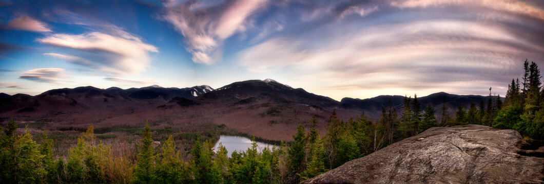 Panorama of the Adirondack high peaks and Heart Lake from Mount Jo.