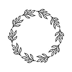 Hand-drawn wreath on white background. Black plant doodle wreath.