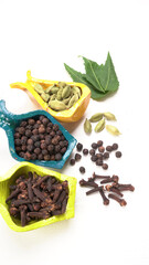 Group of Organic Black pepper isolated on white background. Selective focus and Top view (Flat Lay)