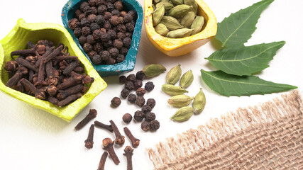 Group of Organic Black pepper isolated on white background. Selective focus and Top view (Flat Lay)