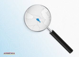 Magnifier with map of Armenia on abstract topographic background.