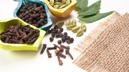Group of Organic Black pepper isolated on white background. Selective focus and Top view (Flat Lay)