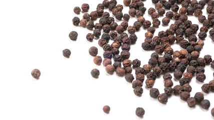 Group of Organic Black pepper isolated on white background. Selective focus and Top view (Flat Lay)
