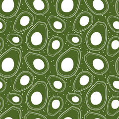 Seamless pattern with hand-drawn avocado on a green background. Vector illustration for your design. Vector background of avocado fruits in doodle style for textiles, prints, cards, wrapping