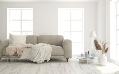 White living room with sofa. Scandinavian interior design. 3D illustration