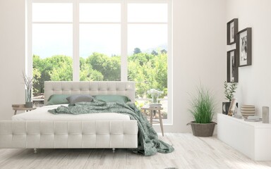 Stylish bedroom in white color with summer landscape in window. Scandinavian interior design. 3D illustration