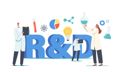 R&D, Laboratory Research and Development. Medicine Technology Investigations, Scientists Characters Working in Lab