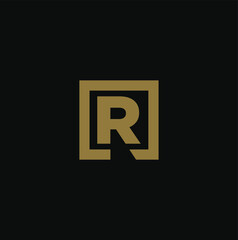 Golden "R" letter monogram with cut square. R letter logo. 