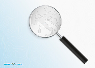 Magnifier with map of San Marino on abstract topographic background.