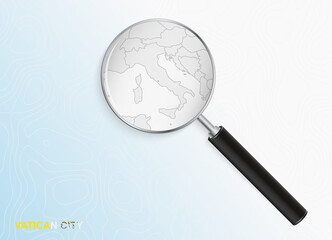 Magnifier with map of Vatican City on abstract topographic background.