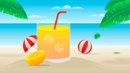 Summer beach with orange ice, balloon and umbrella. Background Illustration.