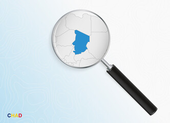 Magnifier with map of Chad on abstract topographic background.