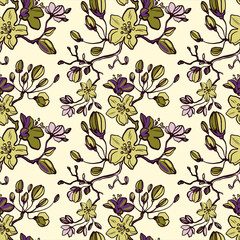 Flowering branches of cherries, apples, pears, buds, leaves. Line drawn floral seamless pattern on a light background. Trendy botanical bouquet of flowers. Fashionable foliage vector print.