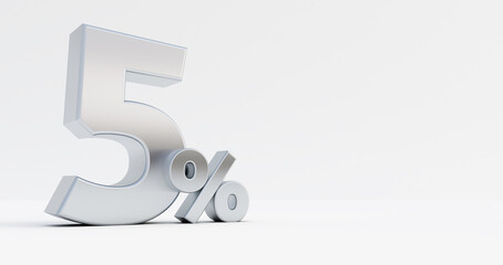 3d render of silver number five percent isolated on a white background.
