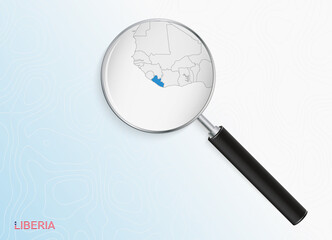 Magnifier with map of Liberia on abstract topographic background.