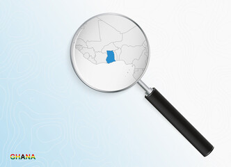 Magnifier with map of Ghana on abstract topographic background.