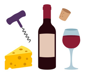Wine Bottle Wine Glass Wine Cork Wine Opener Cheese Block Wine Objects Vector