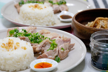 Handmade Hainanese chicken rice.Steam chicken with rice.