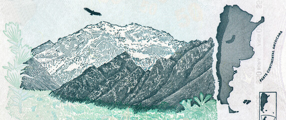 Aconcagua mountain, map of Argentina, Emilio Monzo, Portrait from Argentina Banknotes.