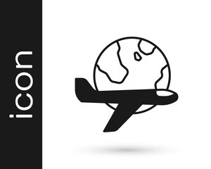 Black Globe with flying plane icon isolated on white background. Airplane fly around the planet earth. Aircraft world icon. Vector