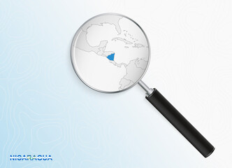 Magnifier with map of Nicaragua on abstract topographic background.