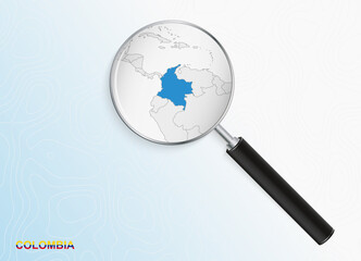 Magnifier with map of Colombia on abstract topographic background.
