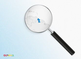 Magnifier with map of Guyana on abstract topographic background.