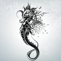 Seahorse in floral ornament. Vector illustration - obrazy, fototapety, plakaty