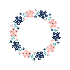 Hand-drawn wreath with white background. Wreath with pink and dark blue. Cute and childish design for fabric, textile, wallpaper, bedding, swaddles or gender-neutral apparel.