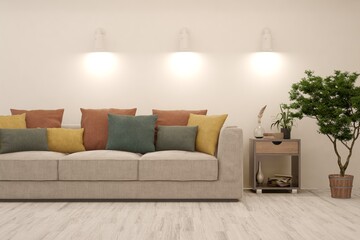 White living room with sofa. Scandinavian interior design. 3D illustration