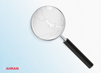 Magnifier with map of Bahrain on abstract topographic background.