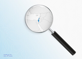Magnifier with map of Israel on abstract topographic background.