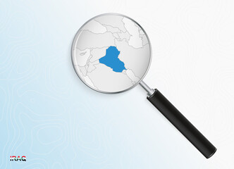 Magnifier with map of Iraq on abstract topographic background.