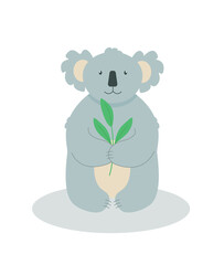 Cute cartoon character koala with a sprig of green eucalyptus leaves. Vector illustration.