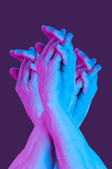 Hands in a surreal style in violet blue neon colors. Modern psychedelic creative element with human palm for posters, banners, wallpaper. Copy space for text. Magazine style template. Pop art culture. - 437934468