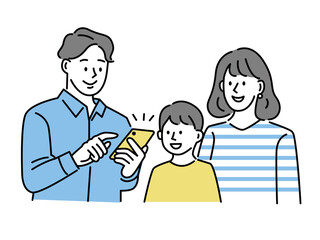 スマートフォンを持った男性のイラスト(スマホ、SNS、家族、キャッシュレス、ネットワーク、お店の予約、検索、リサーチ) Illustration of a woman with a smartphone (smartphone, SNS, social, cashless, network, selfie, search, research)  Hand with phone. QR code