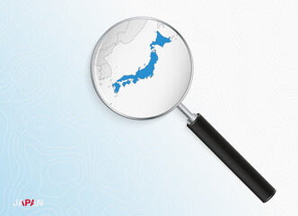 Magnifier with map of Japan on abstract topographic background.