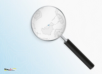 Magnifier with map of Brunei on abstract topographic background.
