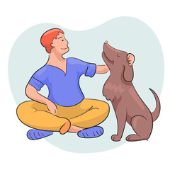 Faithful dog sits next to the owner. The man strokes the pet on the head. Cute flat vector illustration about friendship of human and domestik dog.