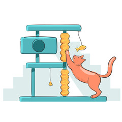 A ginger cat sharpens its claws on a special cat area. Cats center for fun and leisure in the background. Flat color vector illustration.