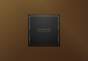 Dark gold luxury banner. Black square label frame with golden thin line. Bronze geometric zigzag pattern background. Vector illustration