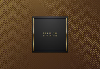 Dark gold luxury banner. Black square label frame with golden thin line. Bronze geometric zigzag pattern background. Vector illustration