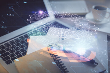 Double exposure of technology theme drawing and desktop with coffee and items on table background. Concept of data research.
