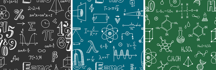 Seamless pattern with school subjects - math, physics, chemistry. Blackboard inscribed with scientific formulas. Back to school background set. Chalk doodle style. Vector illustration