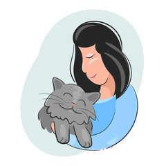 People hugs together with lovely domestic cat cartoon cute vector illustration
