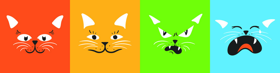 Vector illustration collection face of cat for cut file print on T-shirt or on Cup. Doodle cartoon in pop art style.