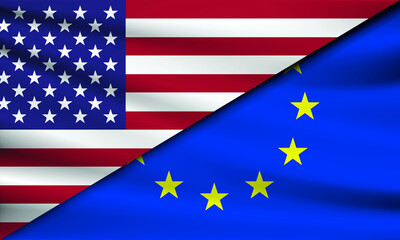 double flag, waving flag of united states of america and european union