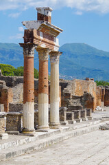 Famous landmark of ancient and historic city temple ruins with columns and walls on archeologic...