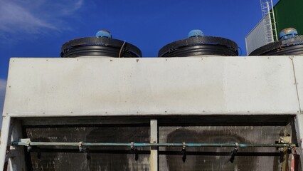 Cooling system for industrial heat exchangers. Industrial fan cooling tower. Water spray nozzle close up